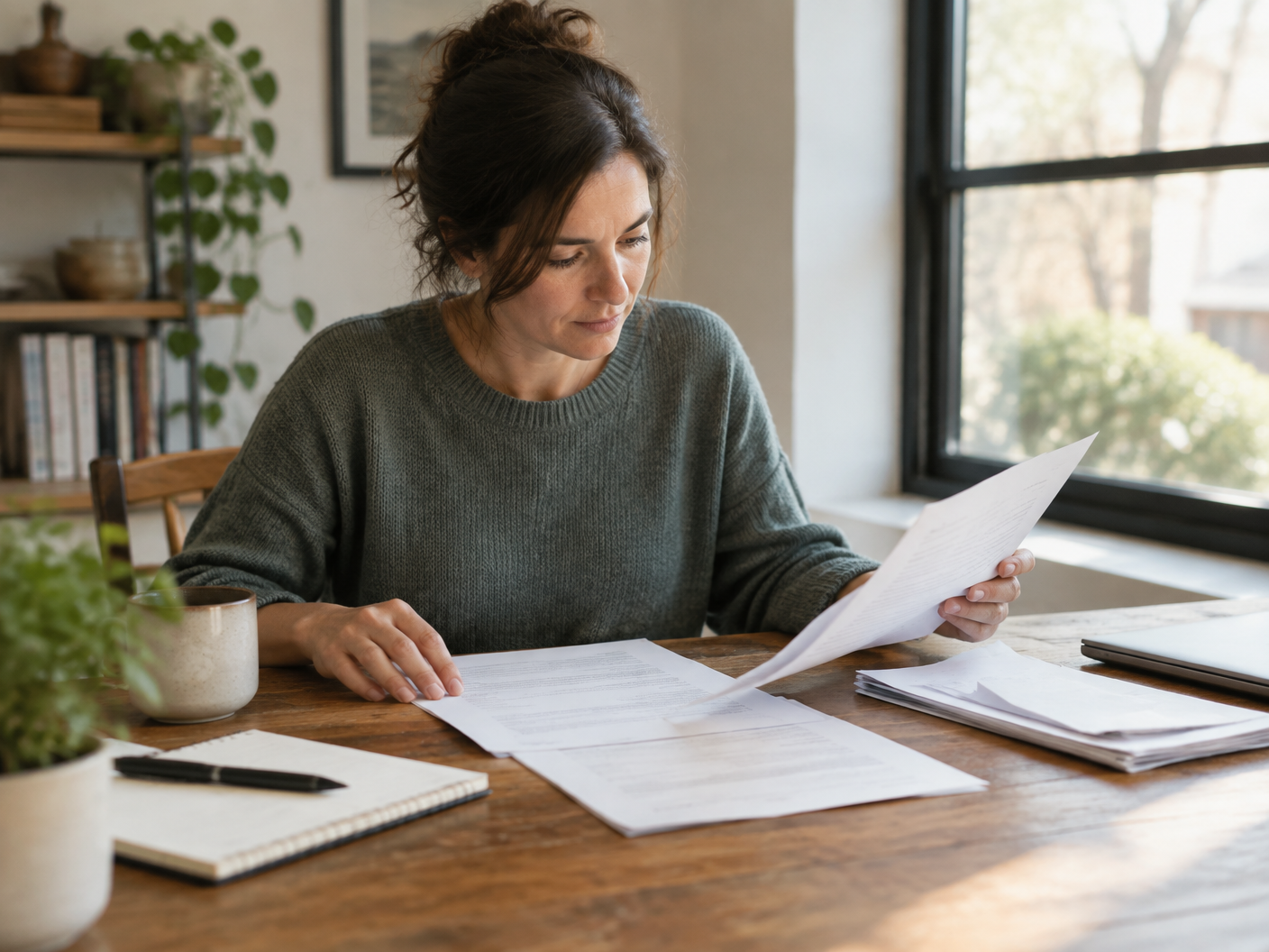 Small business owner reviewing printed bookkeeping statements at a wooden table