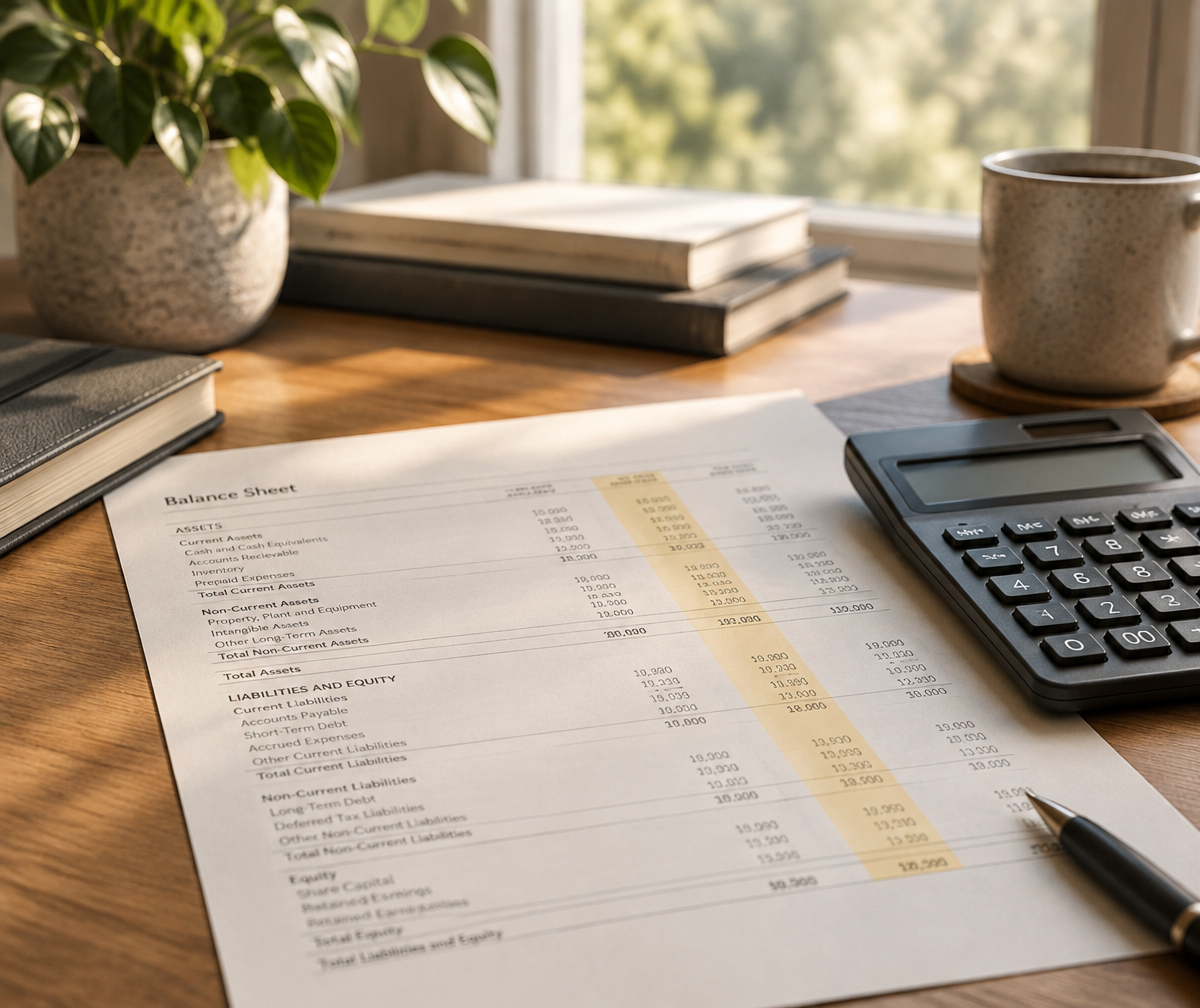 Printed Balance Sheet beside a calculator on a bookkeeping desk