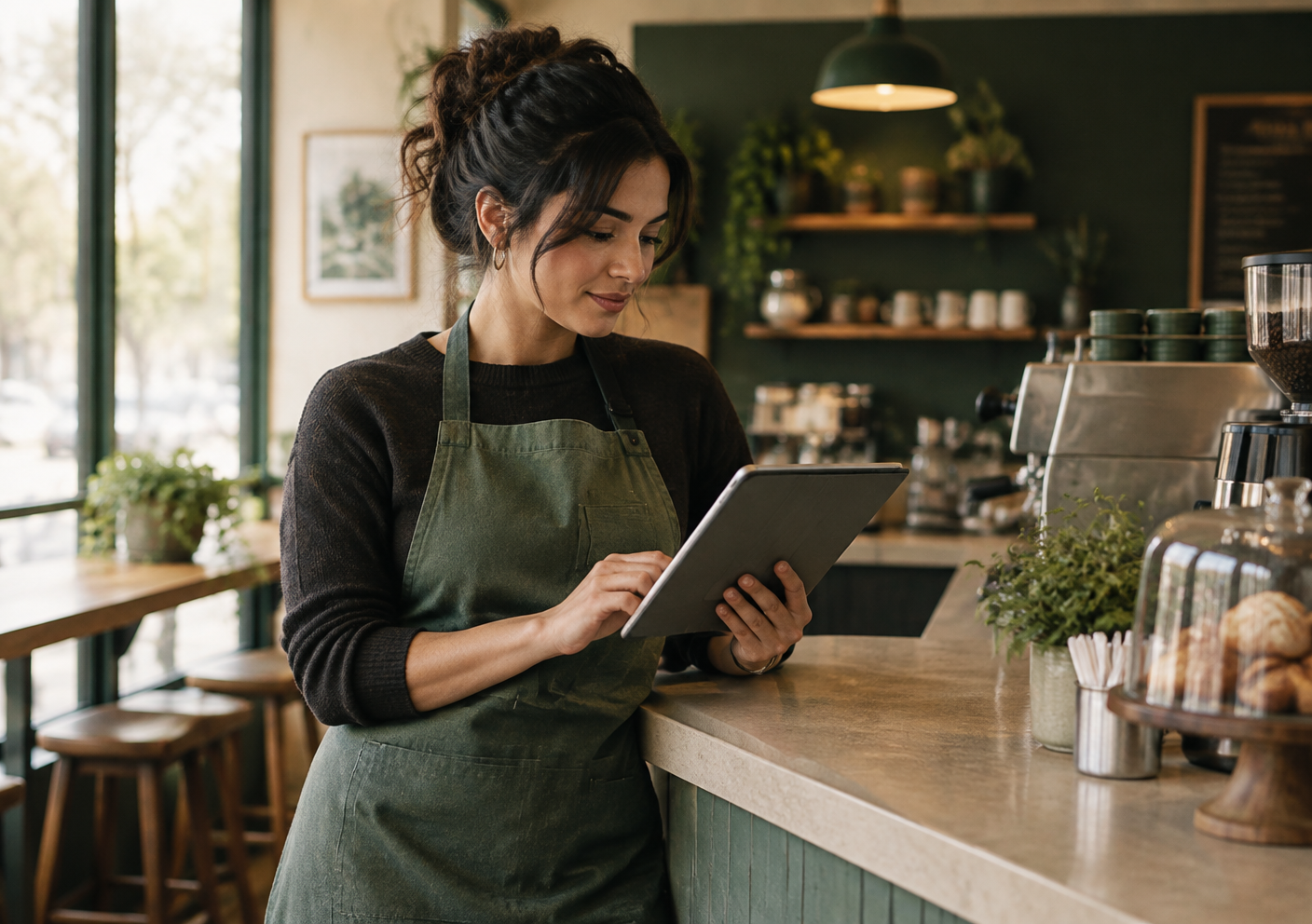 Small business owner reviewing information on a tablet