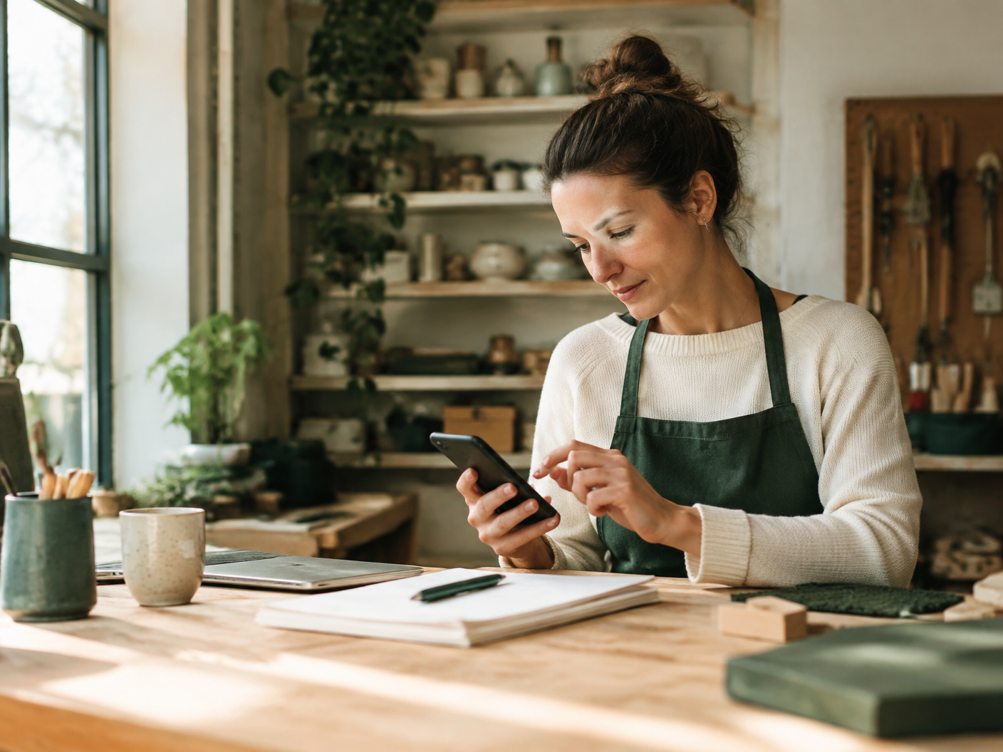 Workshop owner checking business figures on a phone
