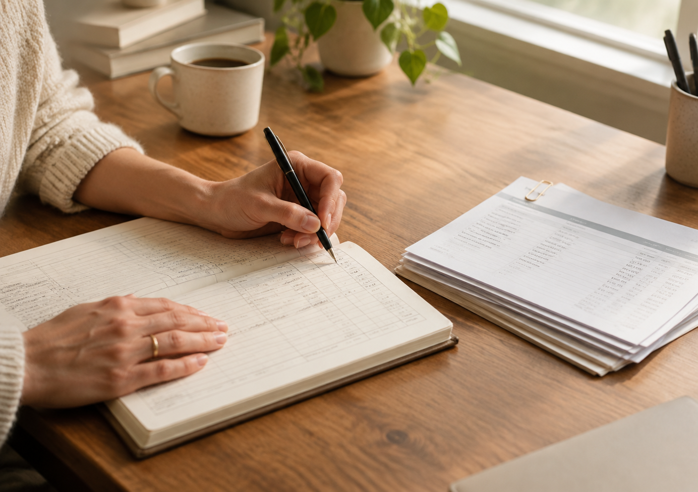 Hands organizing and annotating a bookkeeping ledger