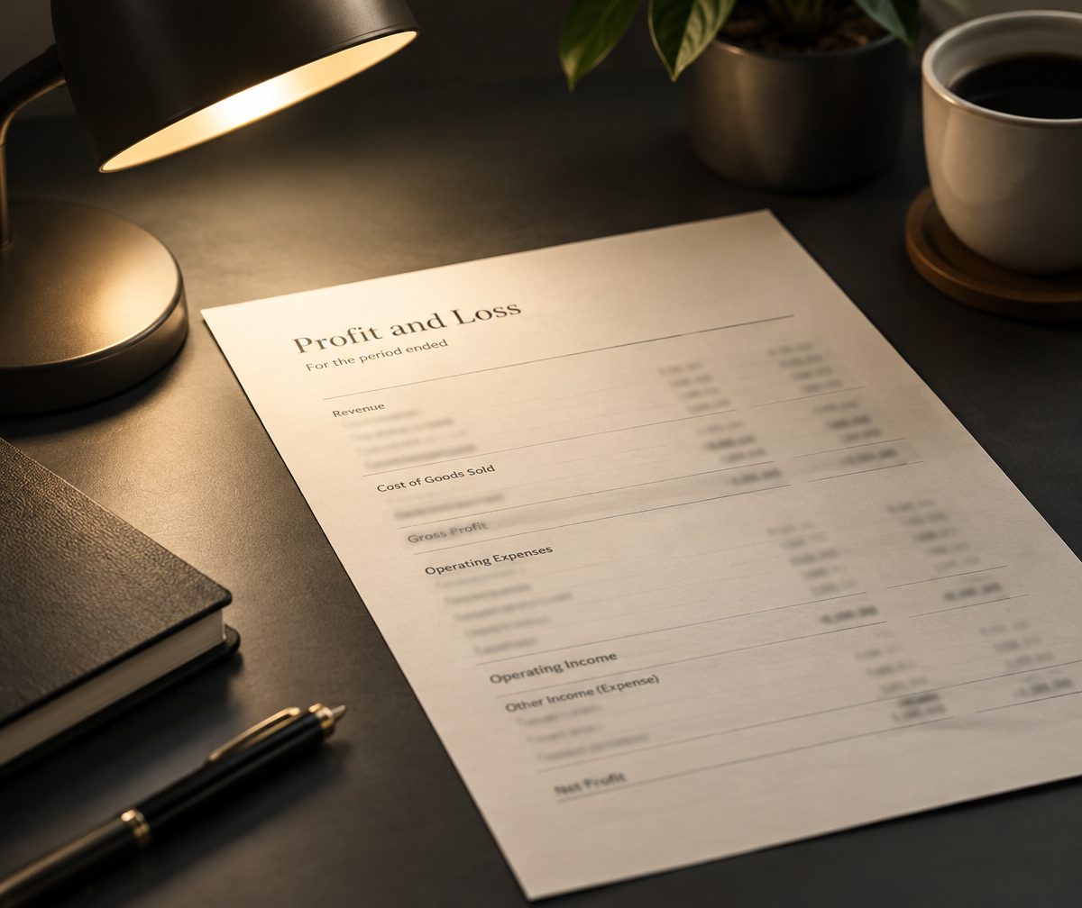 Printed Profit and Loss report under a warm desk lamp